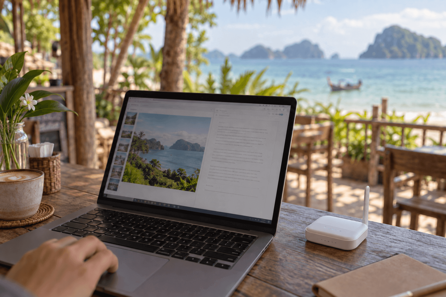 A laptop and a compact white travel router at a shaded beachfront café